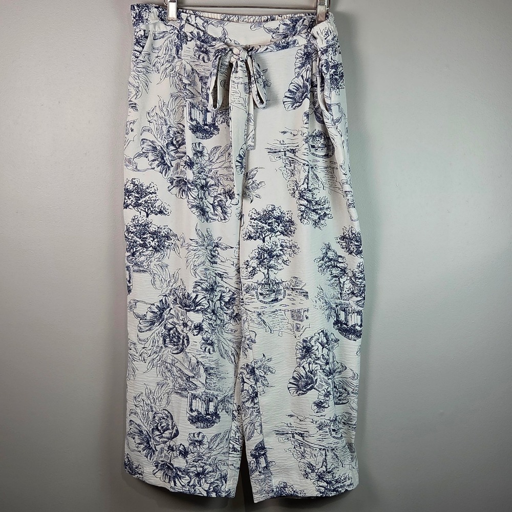 Haver + Blair Wide Leg Pants Womens L Blue White Toile Work Floral Excellent